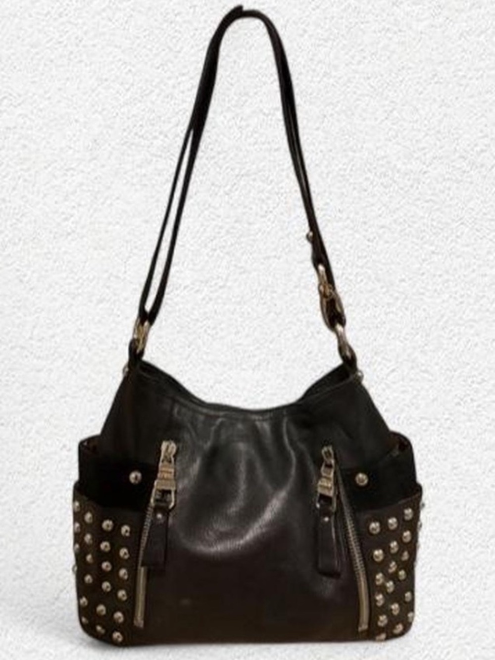B. Makowsky Black Leather Studded Crossbody/Shoulder Bag